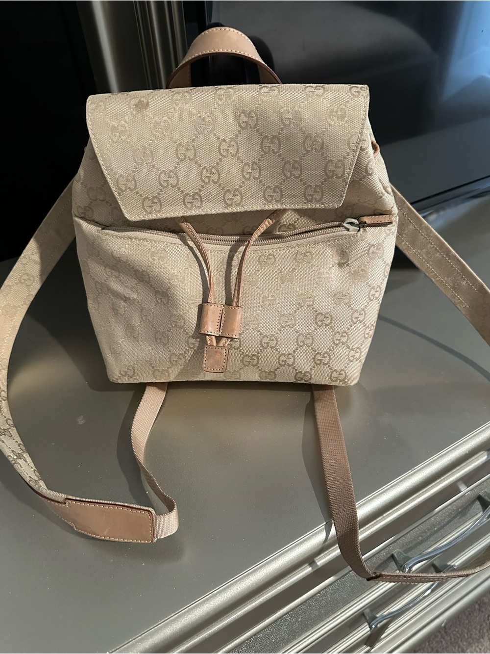 Gucci Beige Monogram Canvas Backpack with Leather Trim